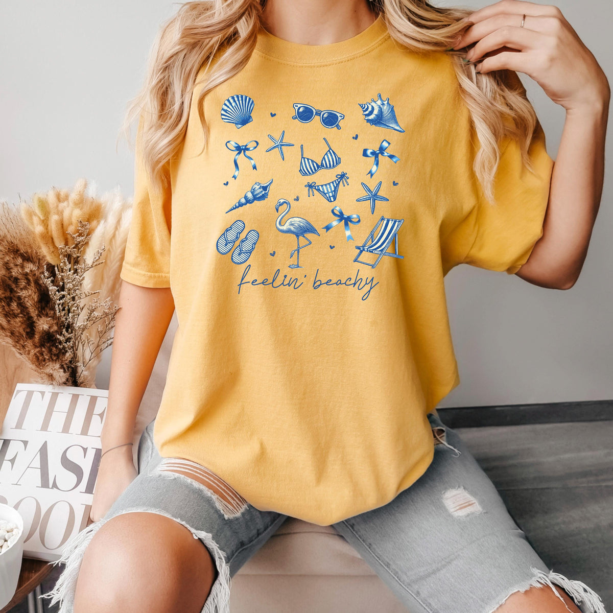 Beach Graphic Tee – Blue Beach Icons, Relaxed Unisex Fit Summer Shirt