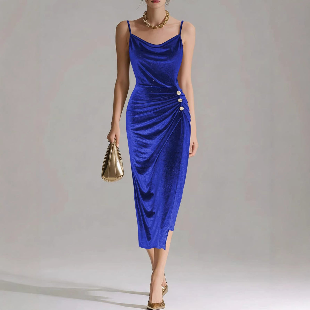 Shiny Velvet Bodycon Dress With A Swing Collar, Waist-cinching, Side Slit, And Spaghetti Straps