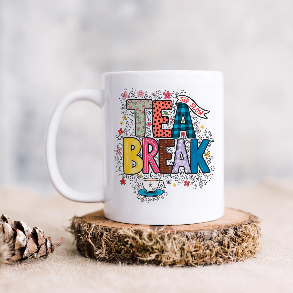Tea Break Mug - Cozy Coffee Cup With Colorful Floral Design | Relaxation Gift