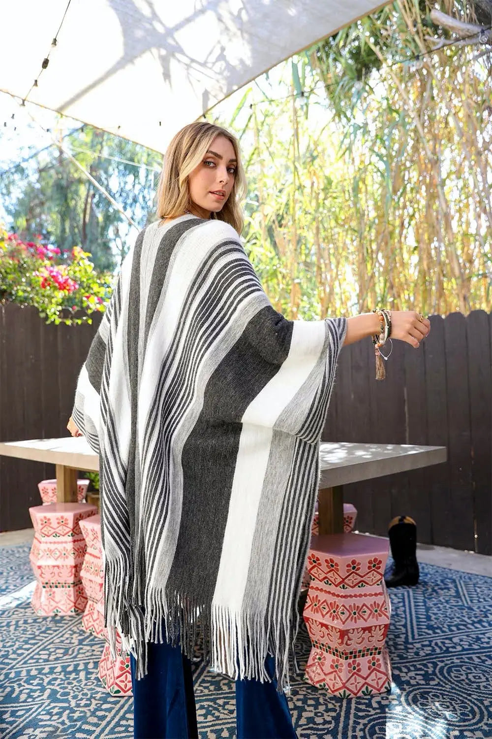 Boho Striped Frayed Edge Ruana