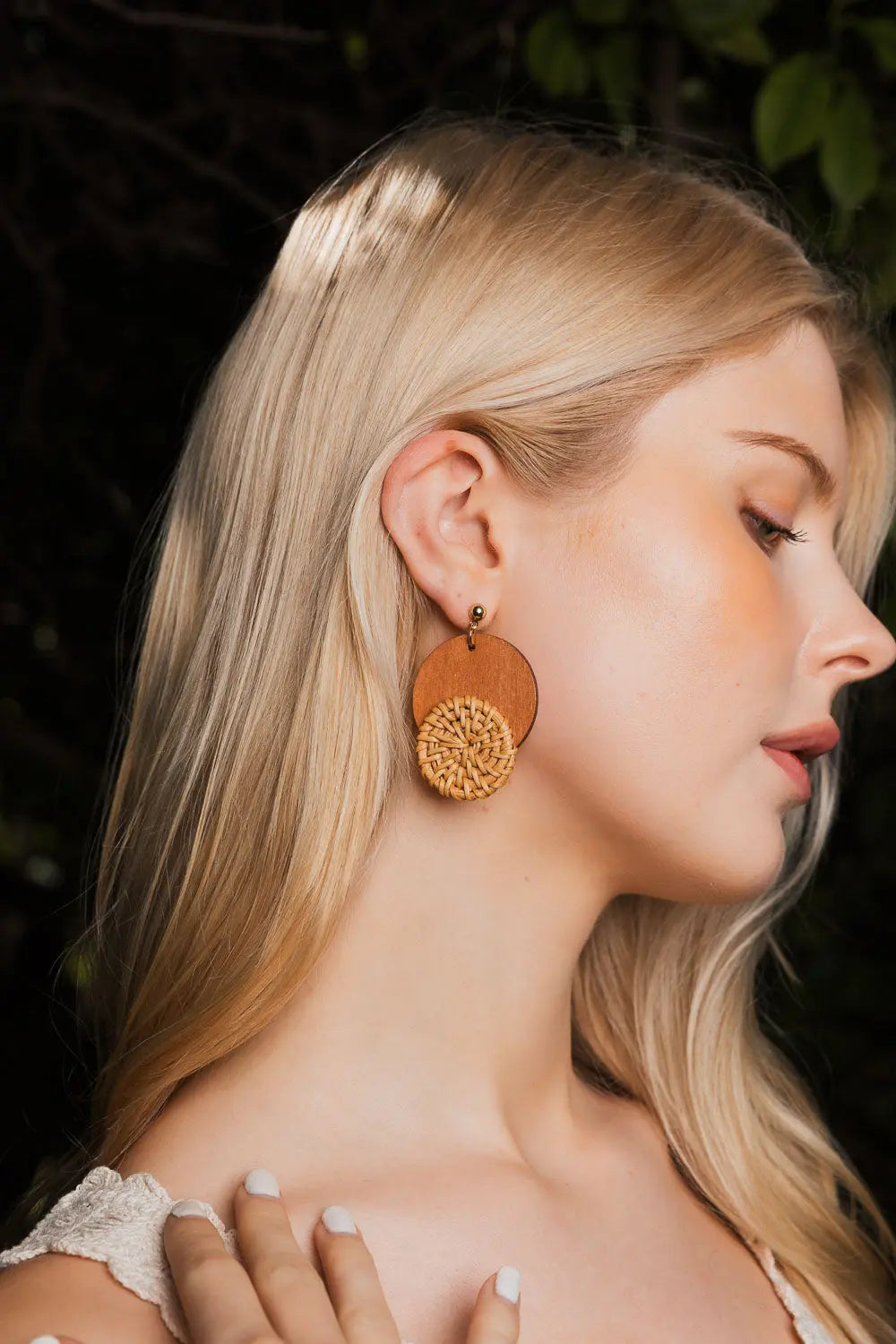 Boho Wood-Trimmed Round Straw Earrings