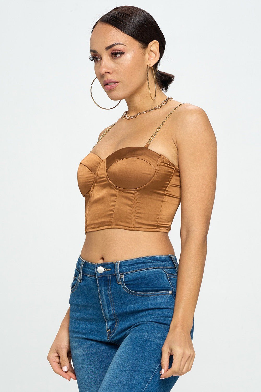 Brittney Gold Chain Strap Satin Solid Bustier Crop Top