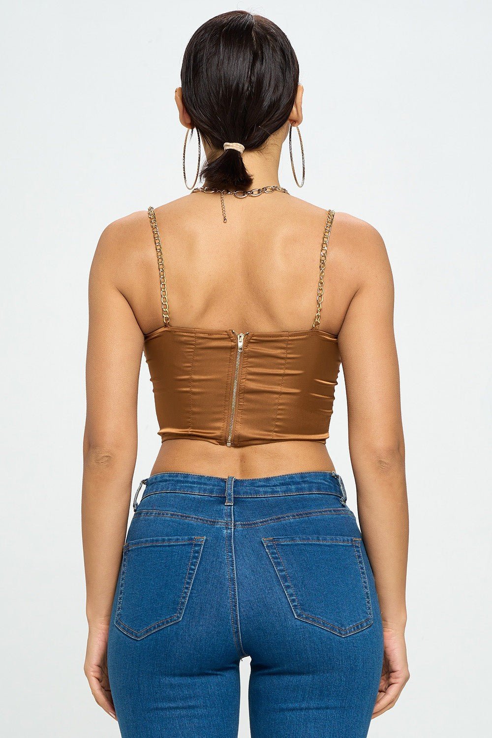 Brittney Gold Chain Strap Satin Solid Bustier Crop Top