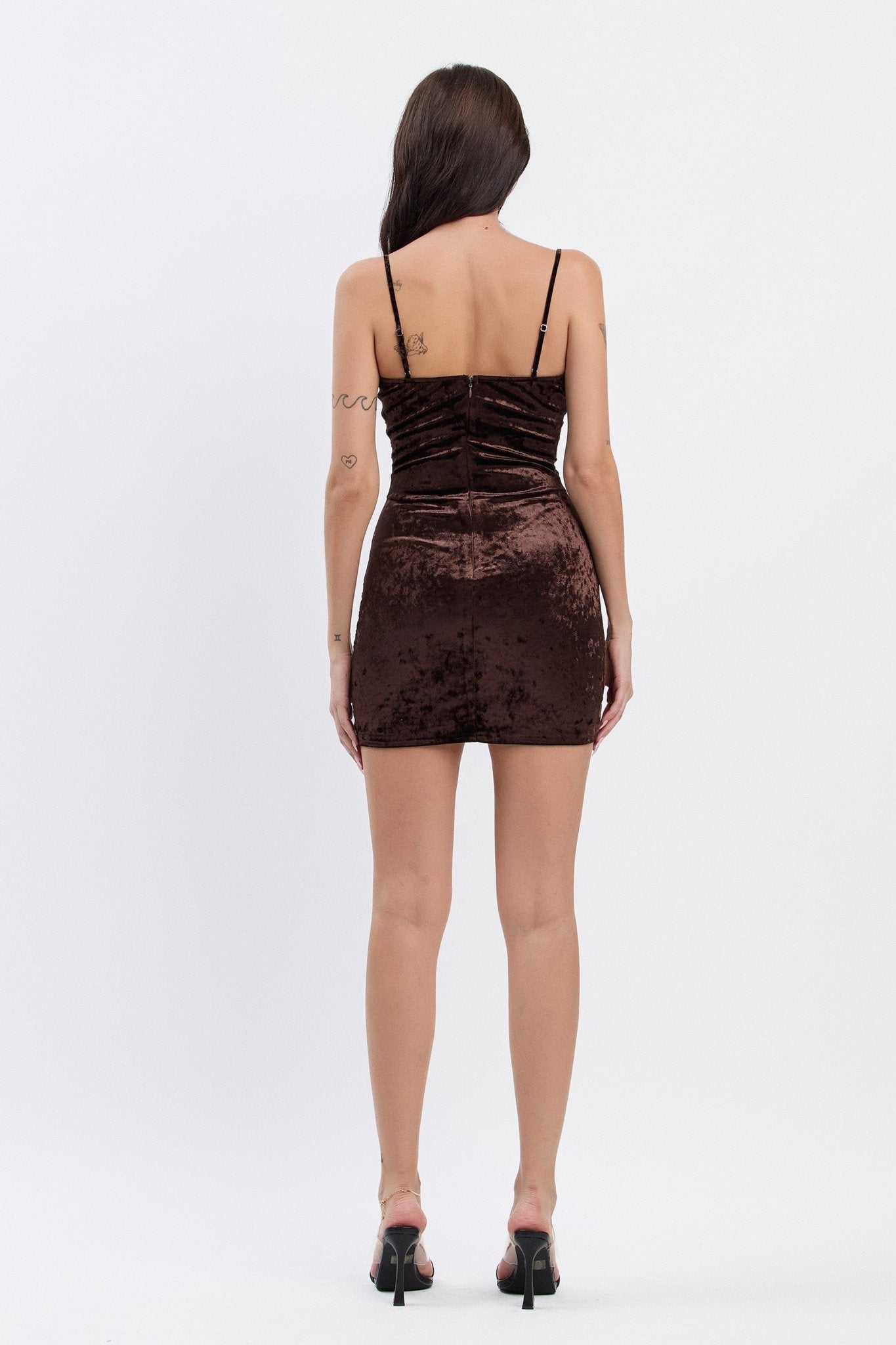 Brown Crushed Velvet Lace Contrast Mini Dress | Trendy Bodycon Party Dress