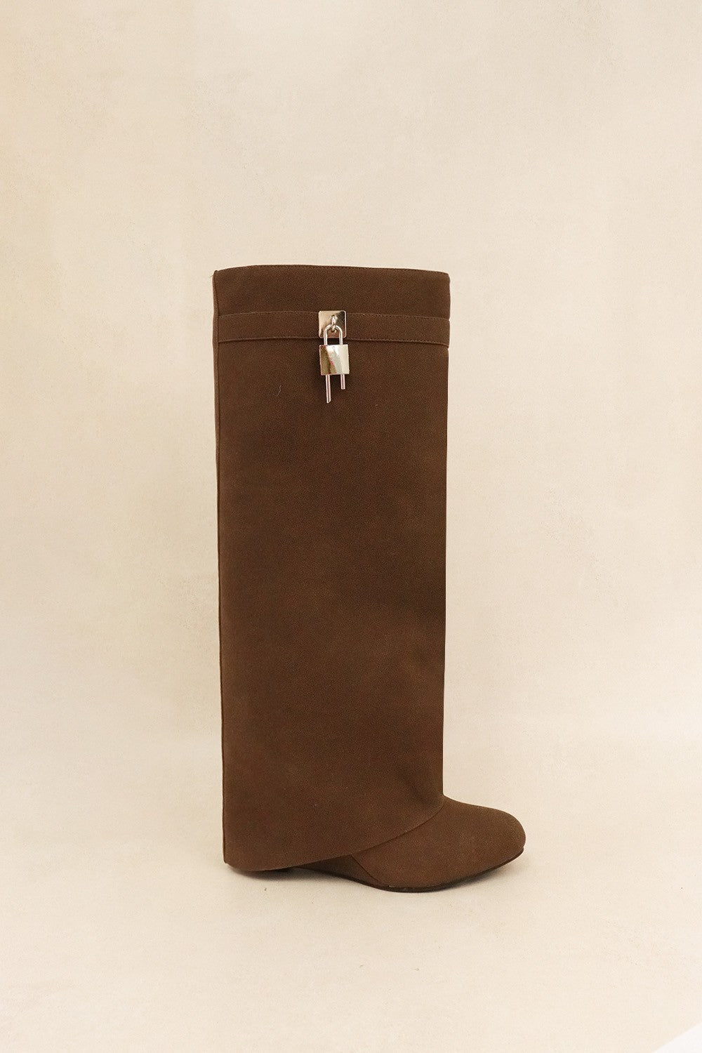 Brown Suede Knee-High Boots with Silver Lock Detail – Luxe Minimalist Edge