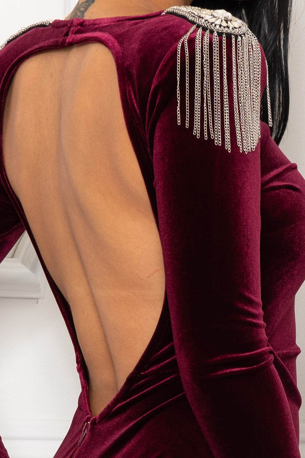 Burgundy Velvet Beaded Fringe Shoulder Maxi Dress – Open Back, Long Sleeve & Side Slit