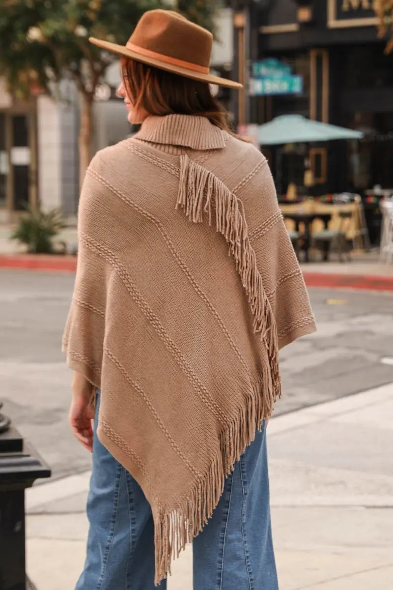 Button Neck Fringe Poncho