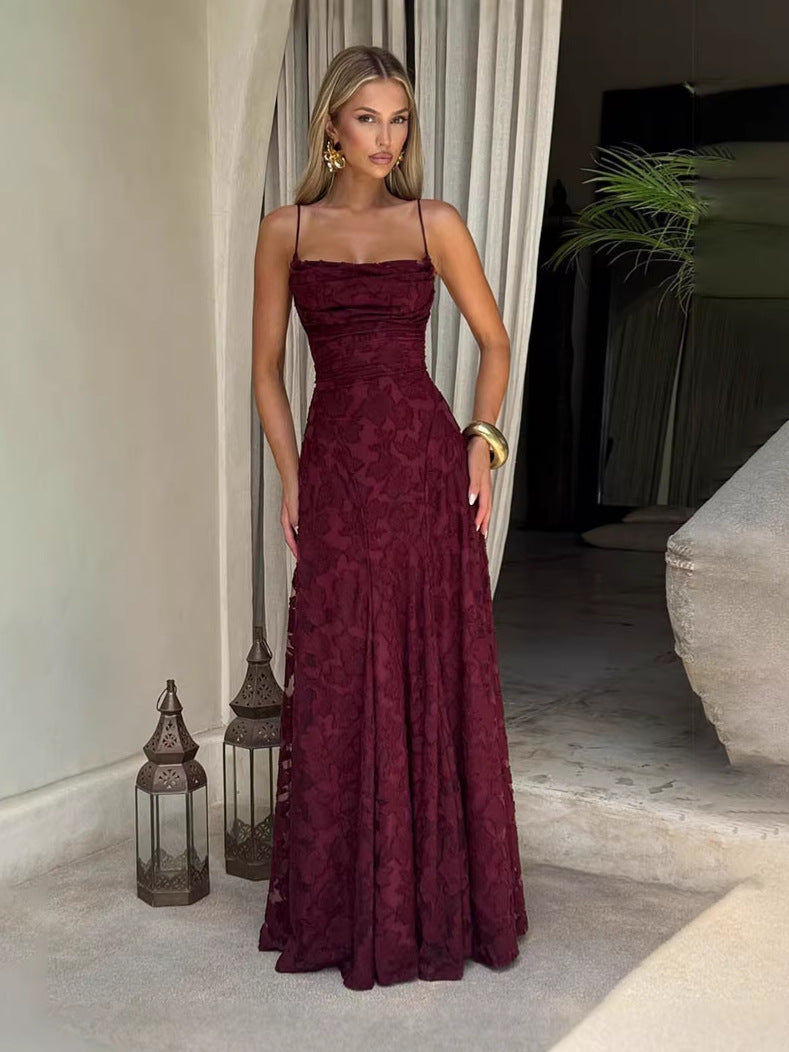 Style Women's Evening Dress New Fashion Versatile Hot Girl Style Burgundy Sexy Suspender Dress