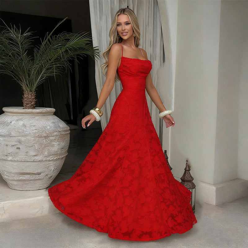 Style Women's Evening Dress New Fashion Versatile Hot Girl Style Burgundy Sexy Suspender Dress
