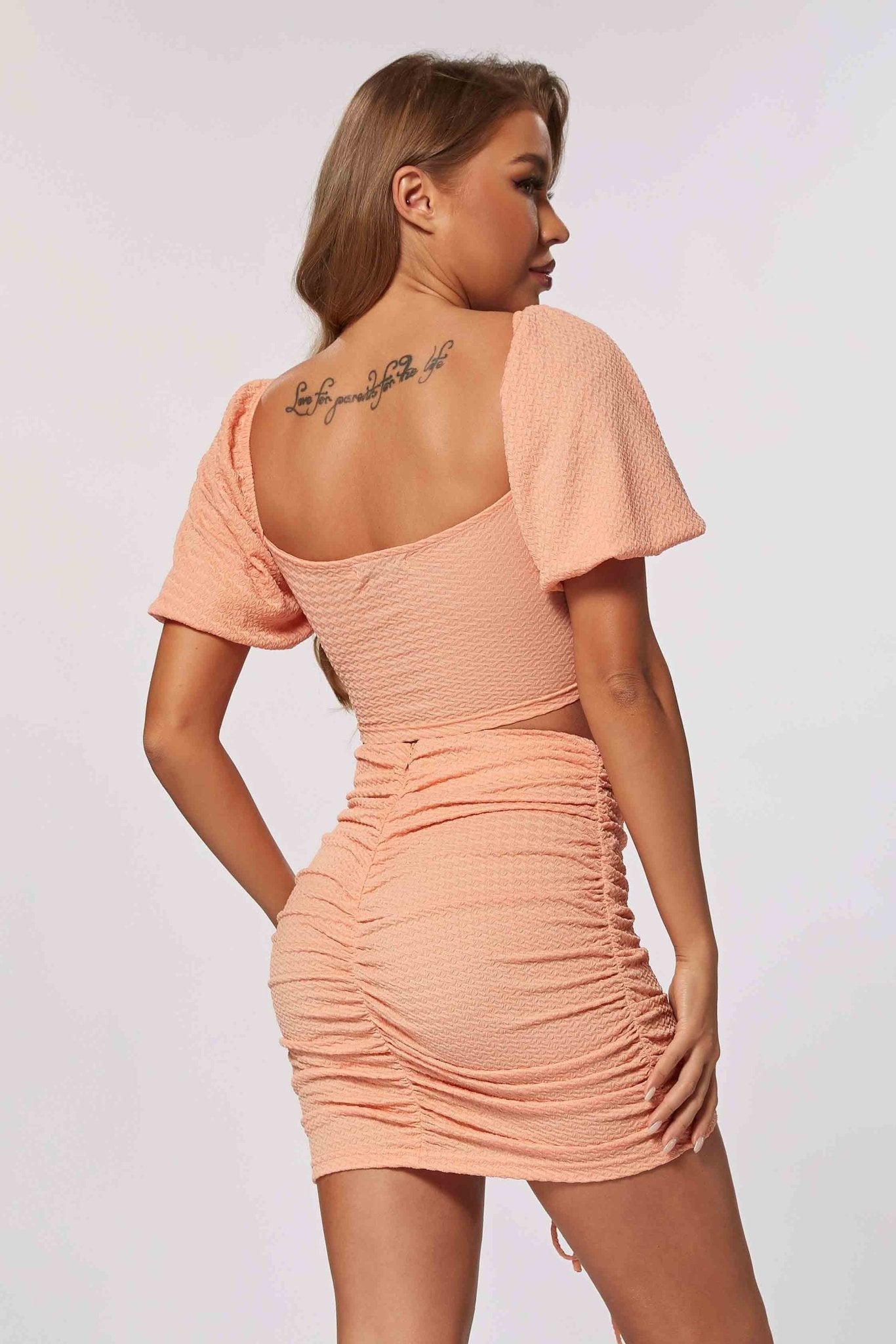 Cali Orange Crop Top Mini Skirt Set with Drawstring Detail and Stylish String Accents
