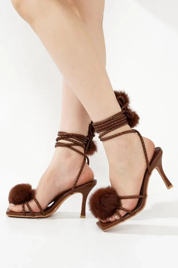 Cape Robbin Marje Brown Pom-Pom Lace-Up Heels
