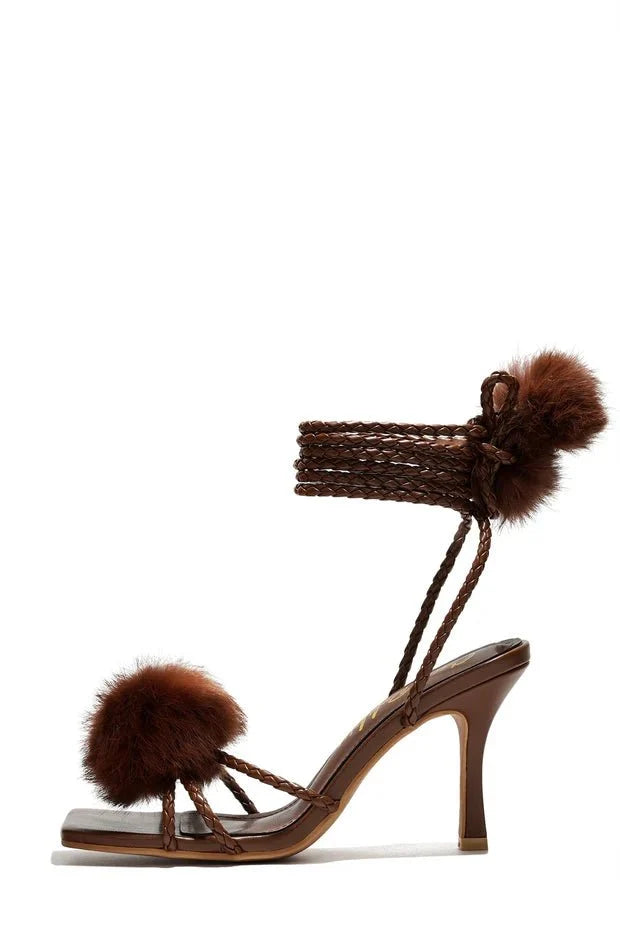 Cape Robbin Marje Brown Pom-Pom Lace-Up Heels