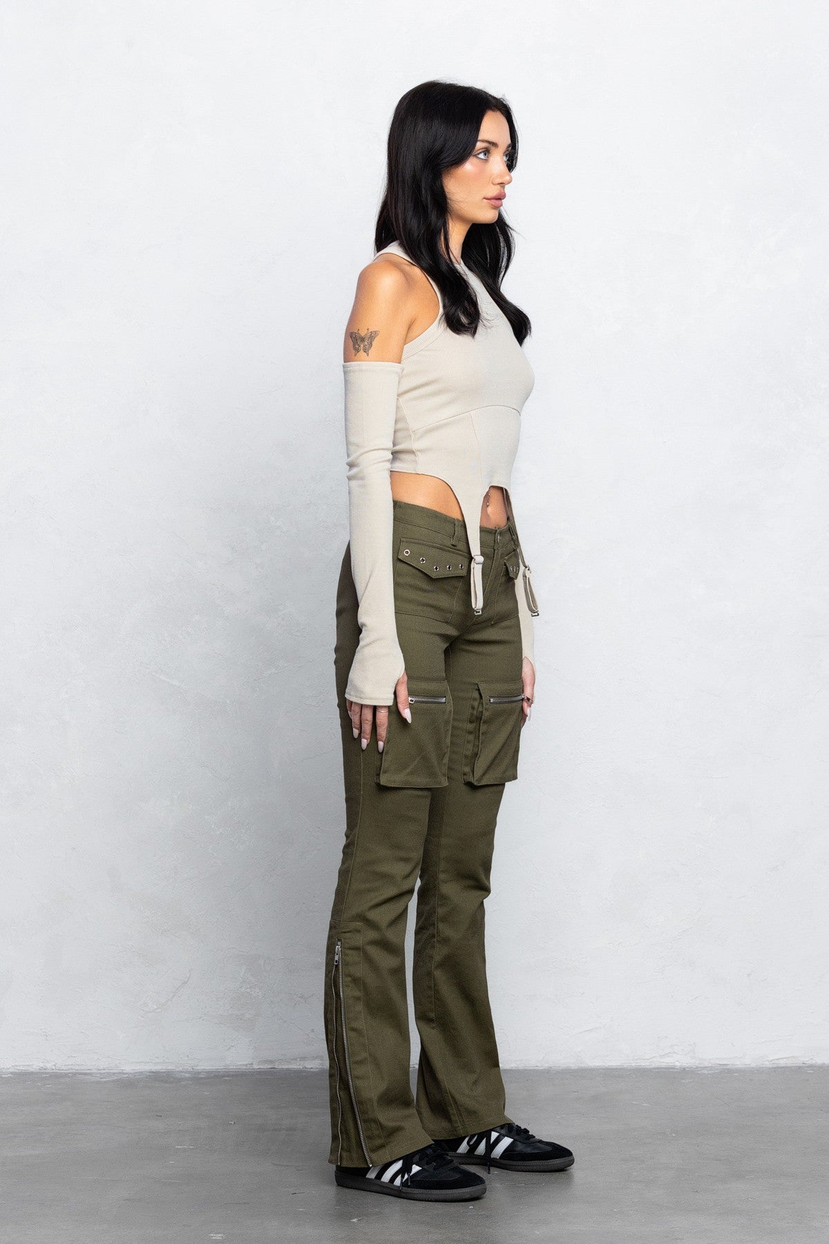 Cargo Twill Bootcut Pants | Low Waist Zipper Detail Trendy Streetwear