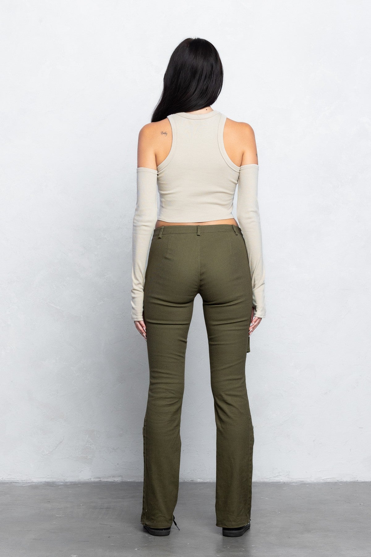 Cargo Twill Bootcut Pants | Low Waist Zipper Detail Trendy Streetwear