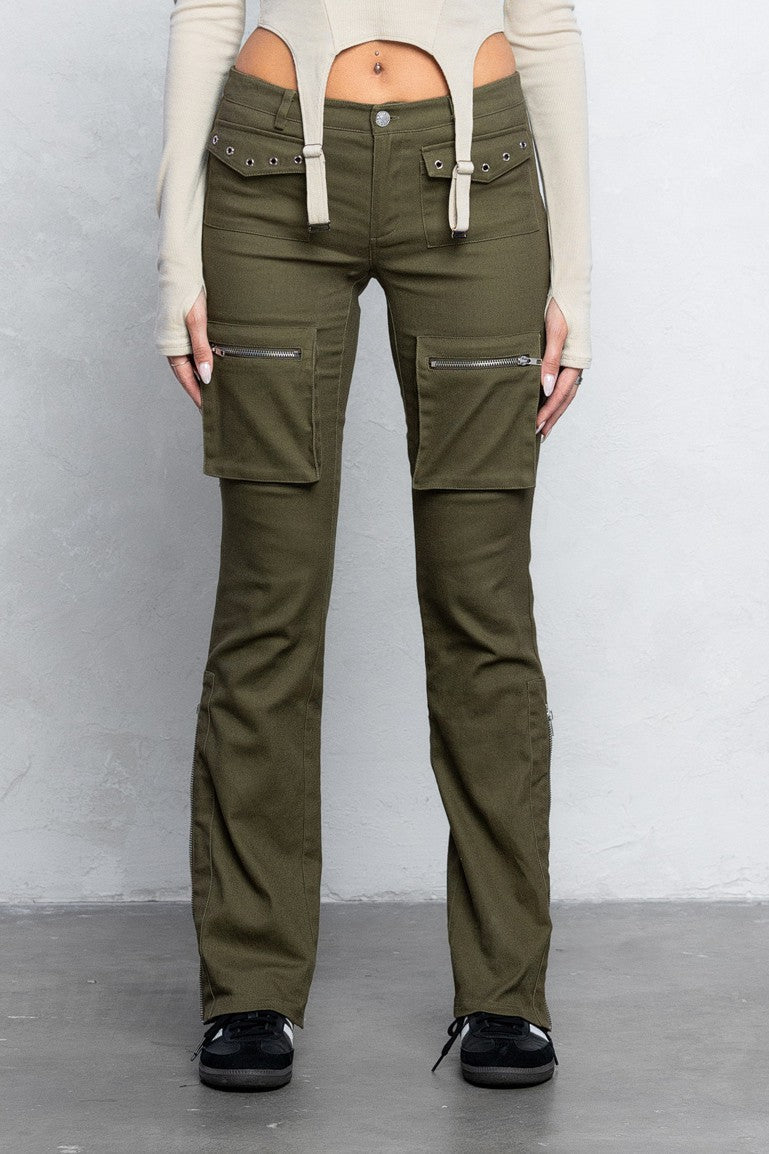 Cargo Twill Bootcut Pants | Low Waist Zipper Detail Trendy Streetwear