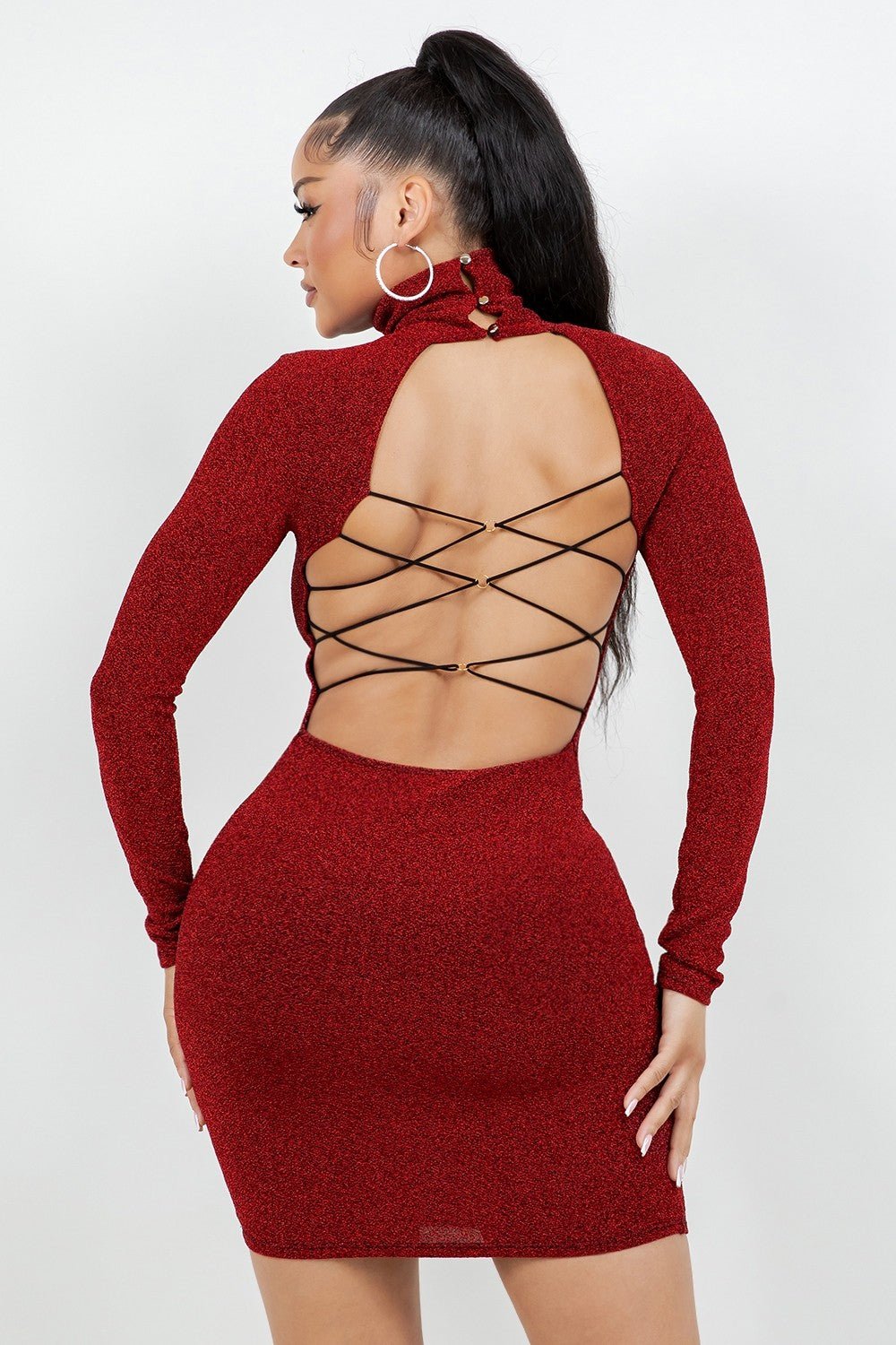 Celeste Glitter Mock Neck Open Strappy Back Dress