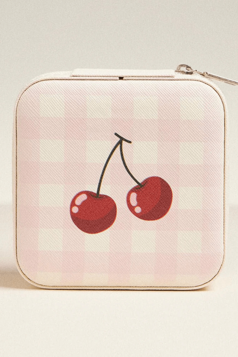 Cherry and Checker Pattern Portable Square Jewelry Box
