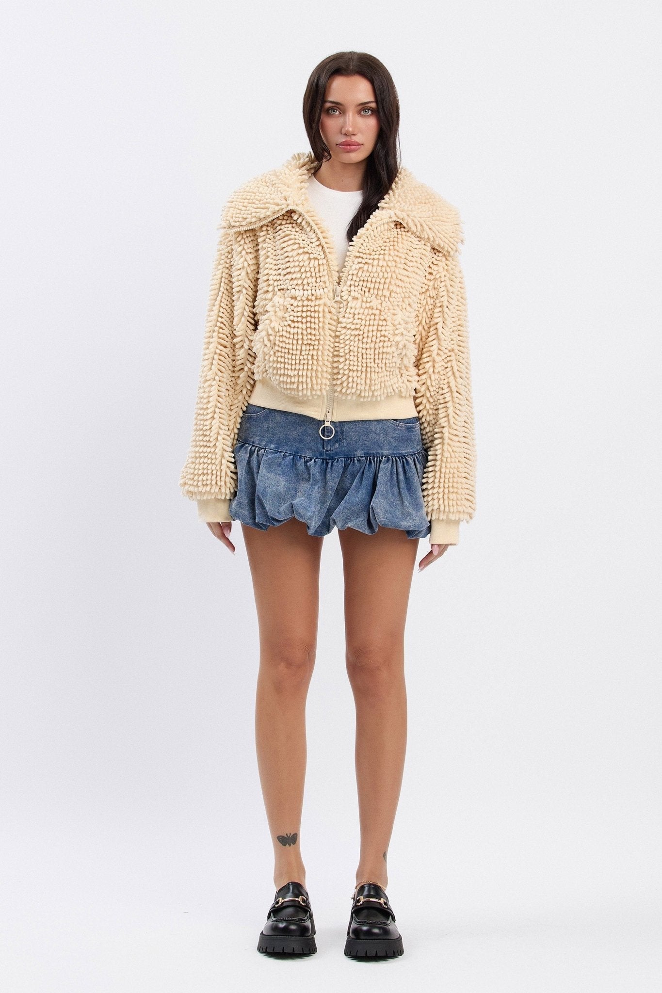 Chunky Collared Chenille Zip-Up Jacket | Cropped Oversized Trendy Streetwear
