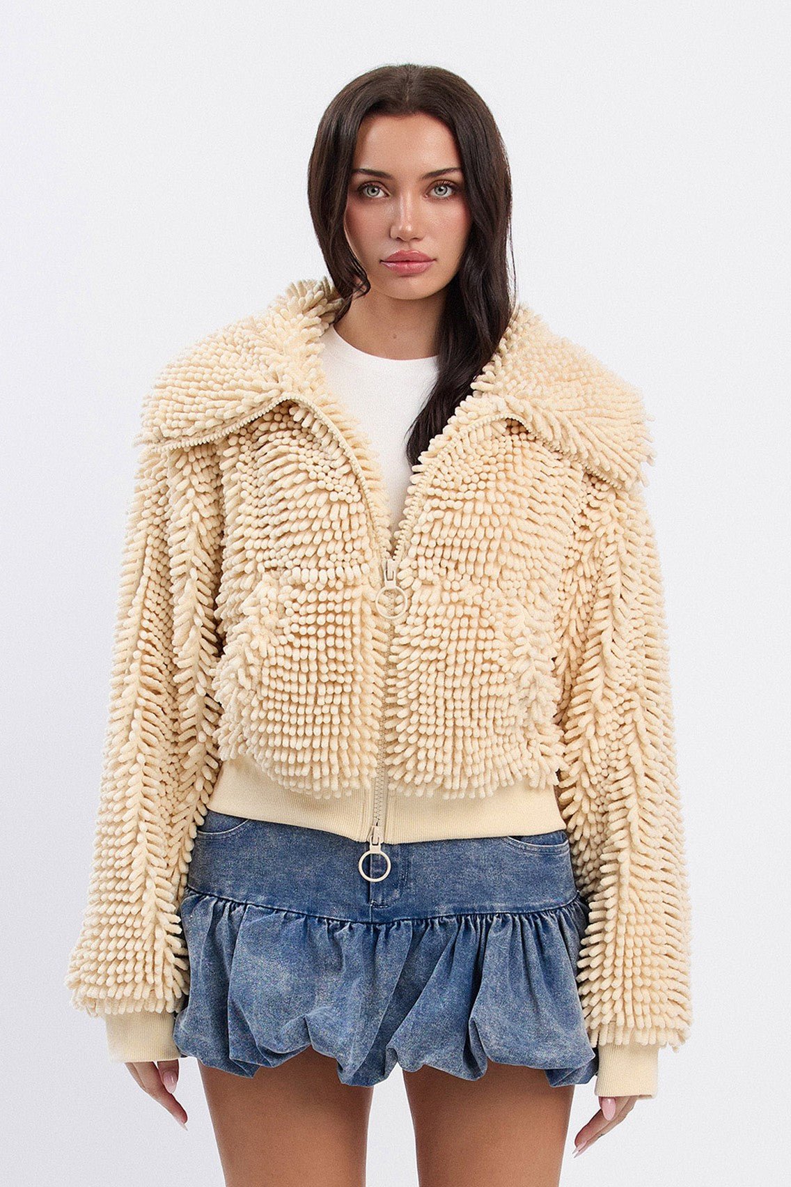Chunky Collared Chenille Zip-Up Jacket | Cropped Oversized Trendy Streetwear