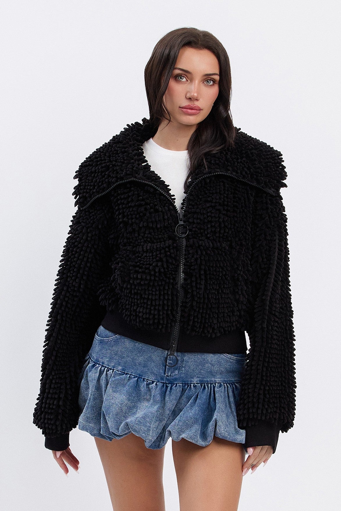 Chunky Collared Chenille Zip-Up Jacket | Cropped Oversized Trendy Streetwear
