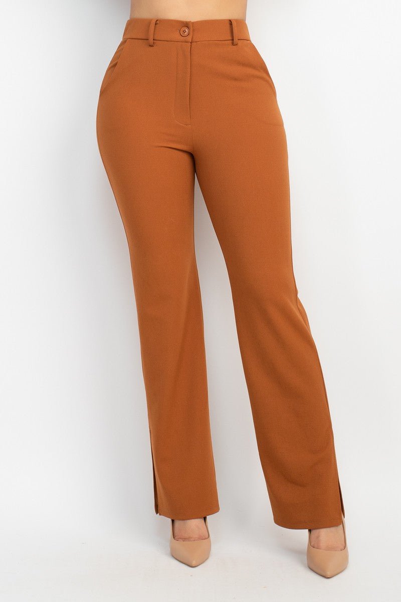 Cognac Side Slit Pants with Elastic Back | Trendy Fall Look
