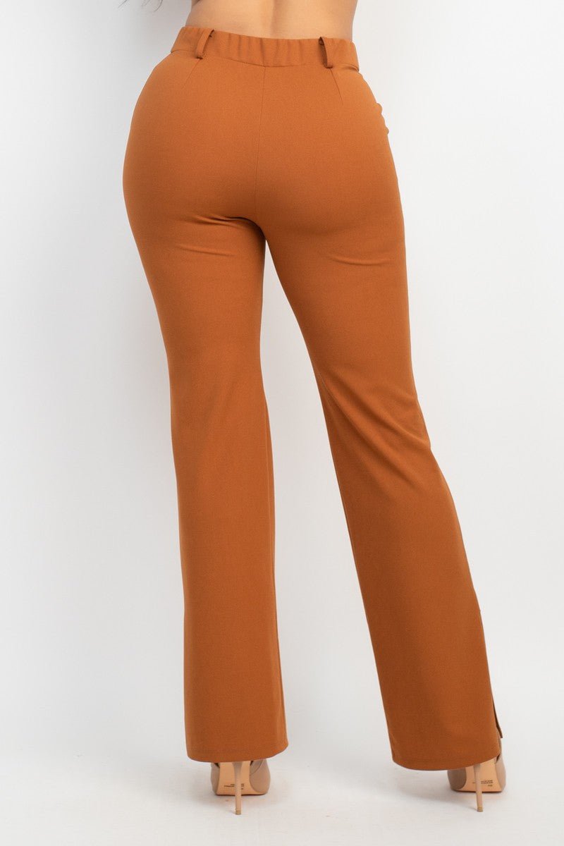 Cognac Side Slit Pants with Elastic Back | Trendy Fall Look