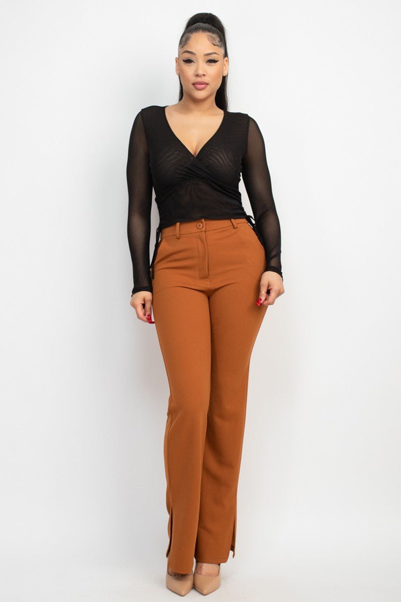 Cognac Side Slit Pants with Elastic Back | Trendy Fall Look