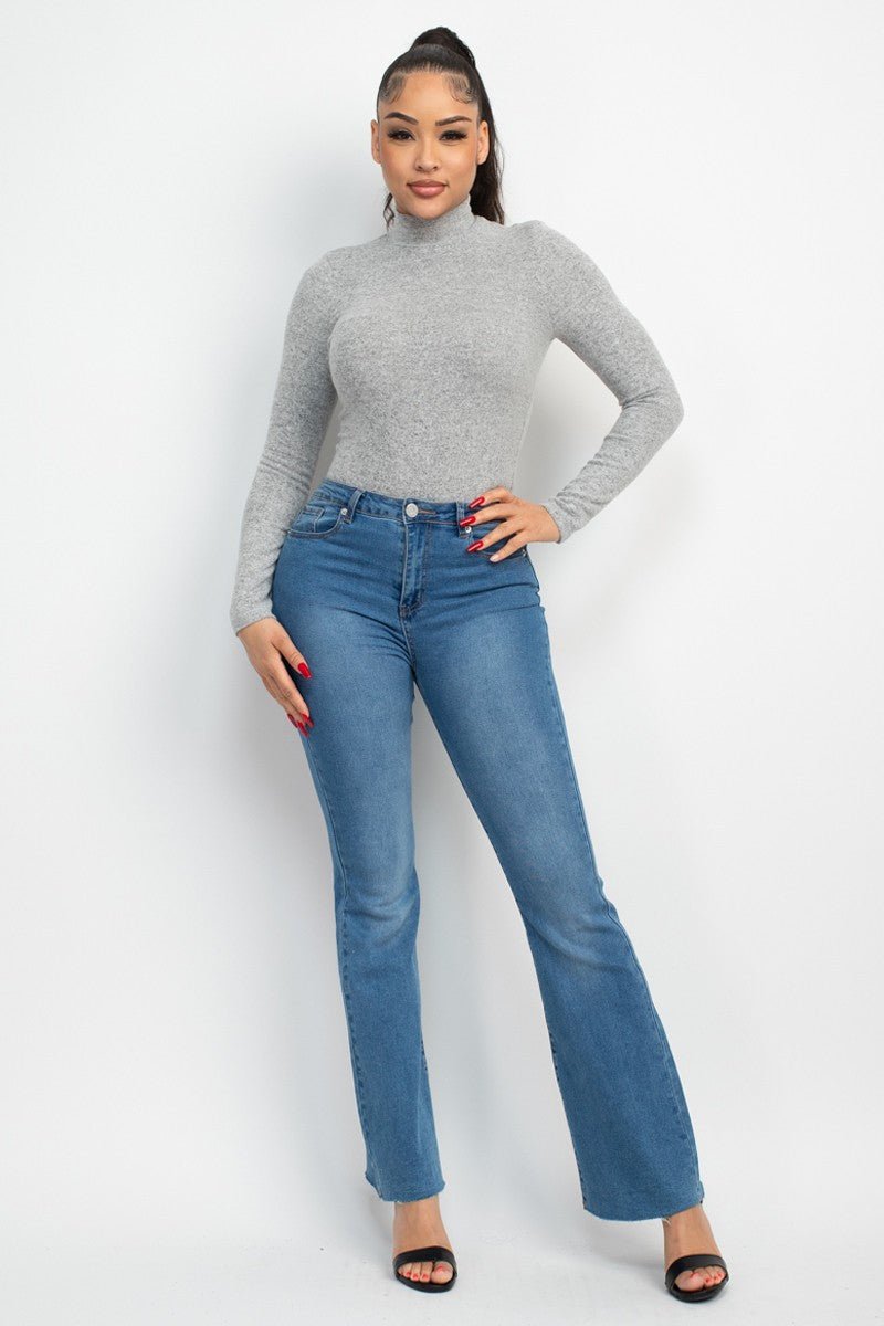 Cozy Mock Neck Long Sleeve Knit Top – Soft Stretch Fitted Sweater Tee
