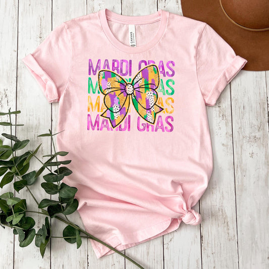 Mardi Gras Shirt - Purple Green Gold Coquette Bow Tee | New Orleans Carnival Outfit
