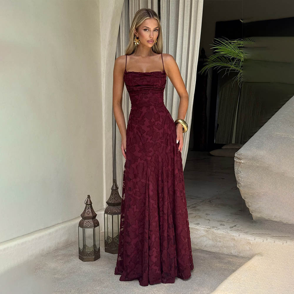 Style Women's Evening Dress New Fashion Versatile Hot Girl Style Burgundy Sexy Suspender Dress