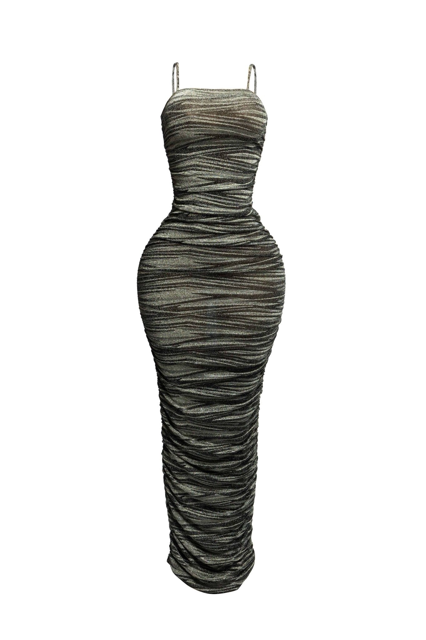 Metallic Ruched Maxi Dress – Sparkly Bodycon Evening Dress with Adjustable Straps