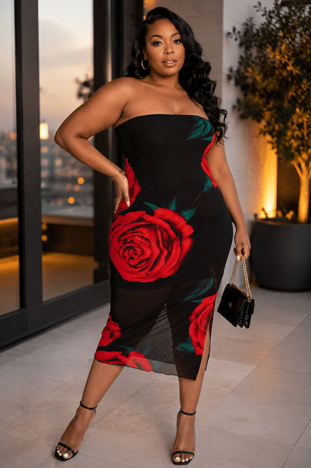 Emilia Plus Size Mesh Print Strapless Dress with Slit