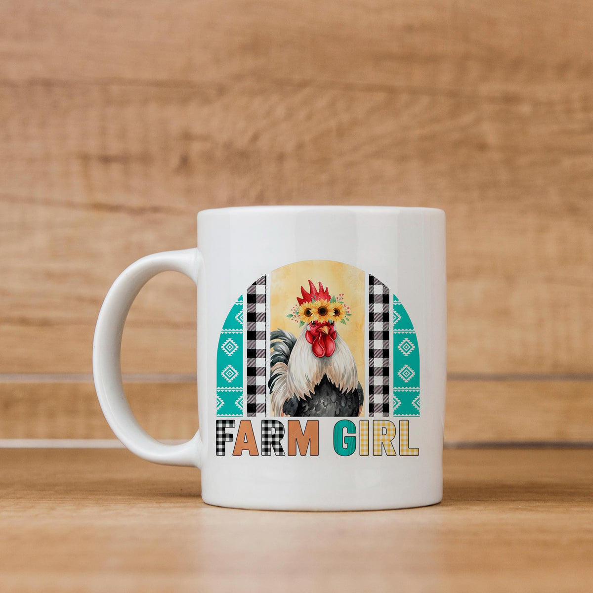 Farm Girl Mug – Rustic Farmhouse Coffee Cup with Sunflower Chicken Art