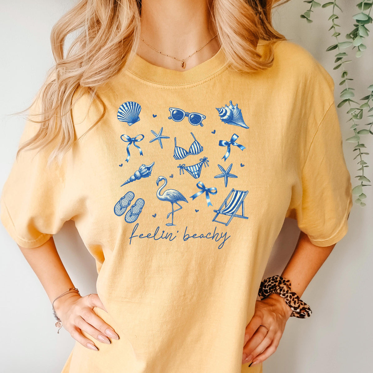 Beach Graphic Tee – Blue Beach Icons, Relaxed Unisex Fit Summer Shirt