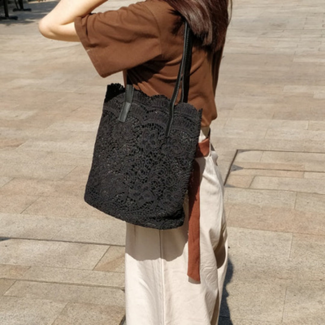 Lace hobo bag for women, shopping shoulder handbag, embroidered flower hollow tote bag