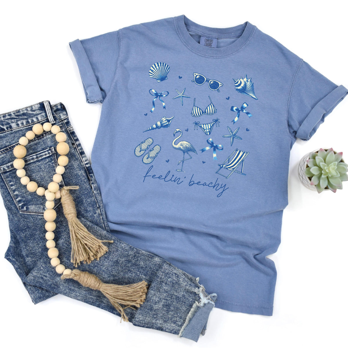 Beach Graphic Tee – Blue Beach Icons, Relaxed Unisex Fit Summer Shirt