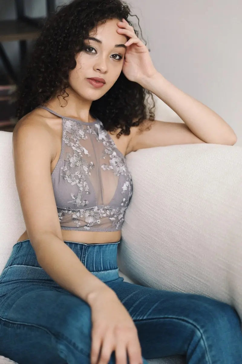 Gray Flower Embroidery High Neck