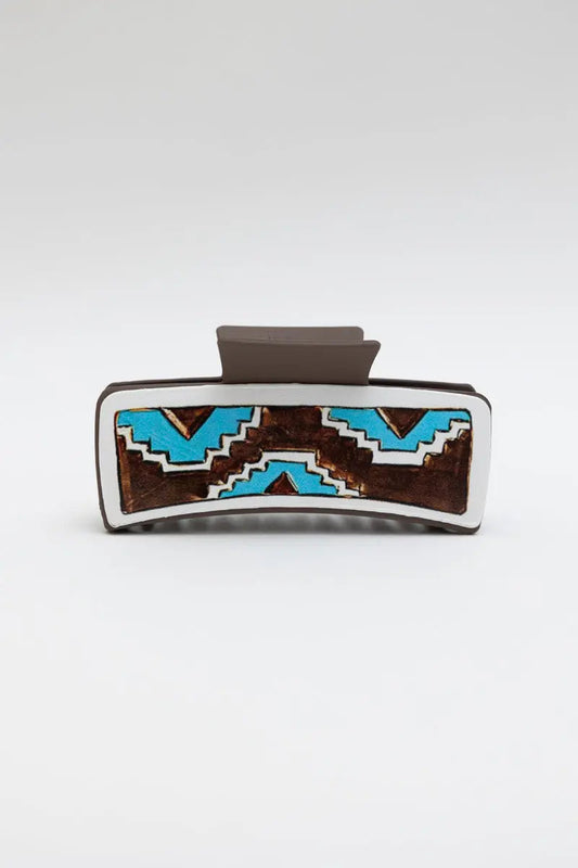Geometric Pattern Hair Claw Clip – Stylish Blue & Brown Design 🦋