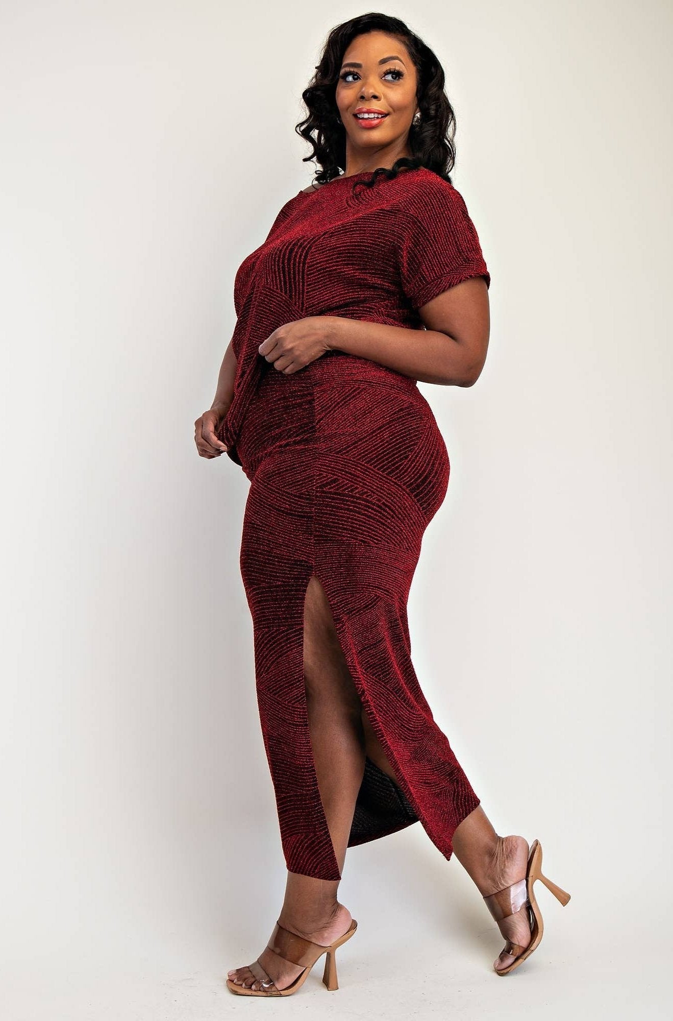 Gia Plus Size Shimmer Knit Top and Midi Skirt Set for Women
