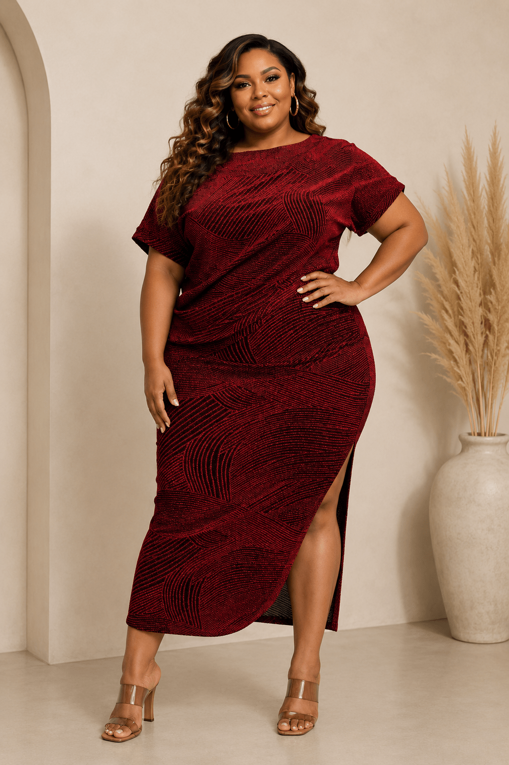Gia Plus Size Shimmer Knit Top and Midi Skirt Set for Women
