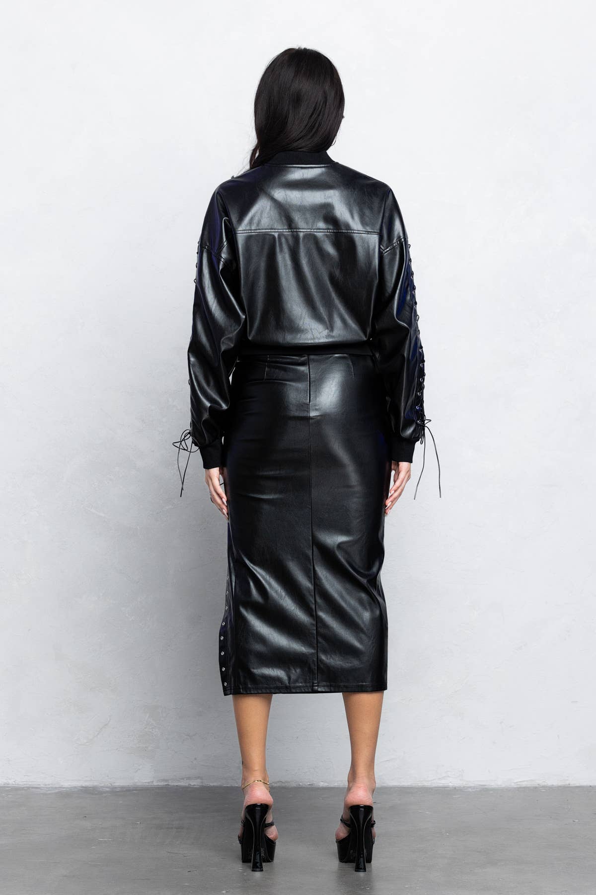 Gianna Lace Up Detail Faux Leather Midi Skirt With Side Slit
