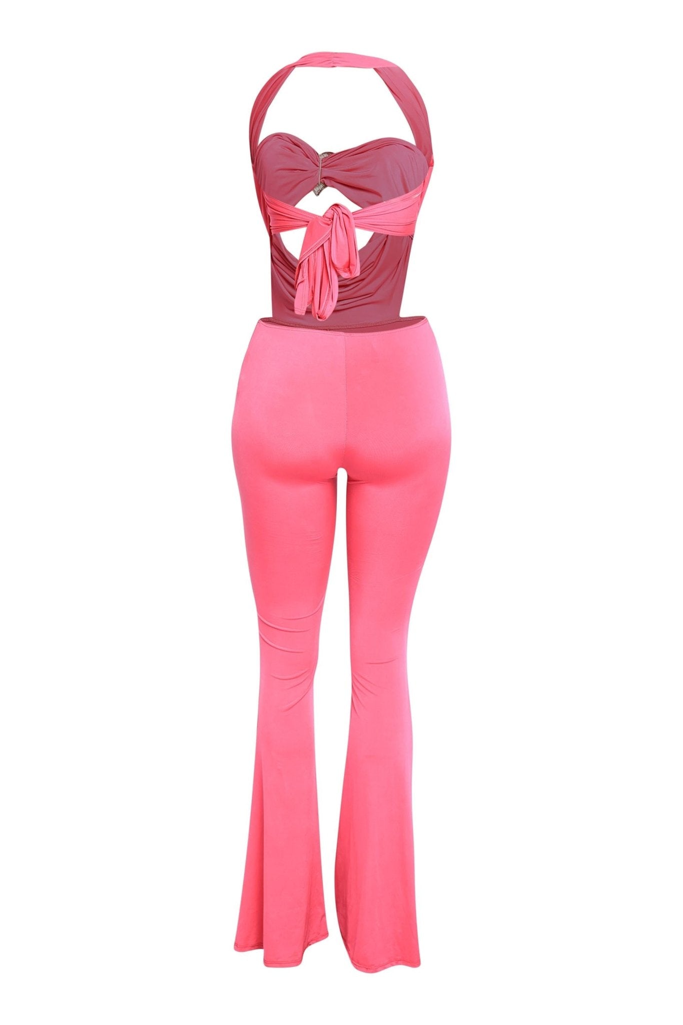 Houston Babe Deep Cowl Neck Gold Heart Halter Jumpsuit