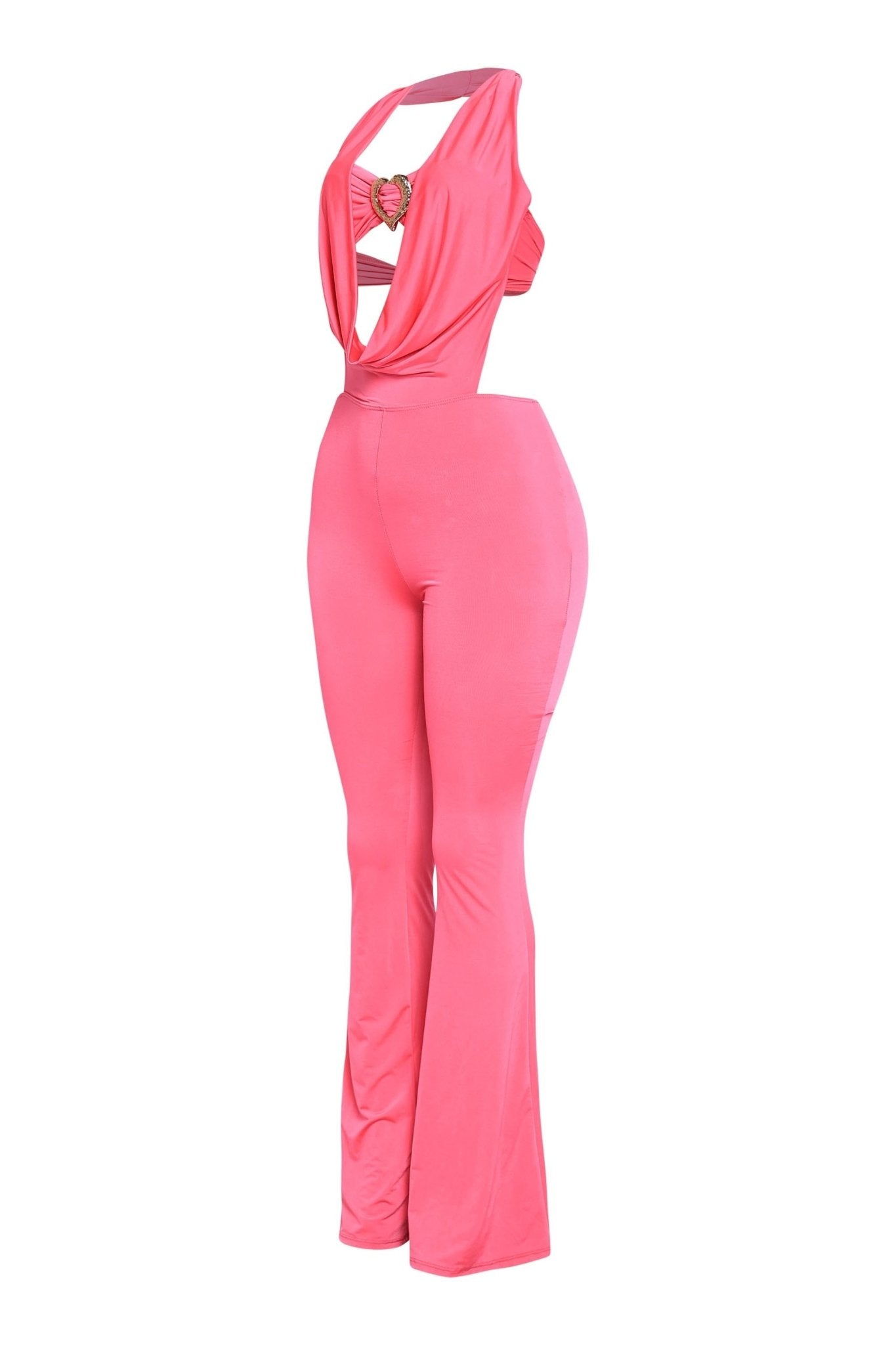 Houston Babe Deep Cowl Neck Gold Heart Halter Jumpsuit