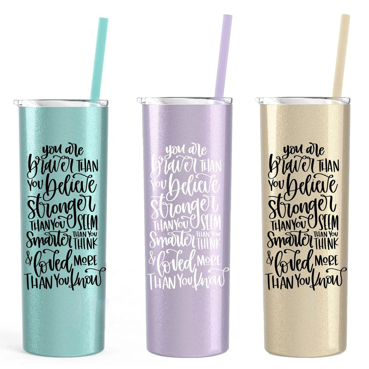 Inspirational Water Bottle, Encouragement Gift, Glitter Skinny Tumbler, Brave Strong Smart Loved Travel Cup
