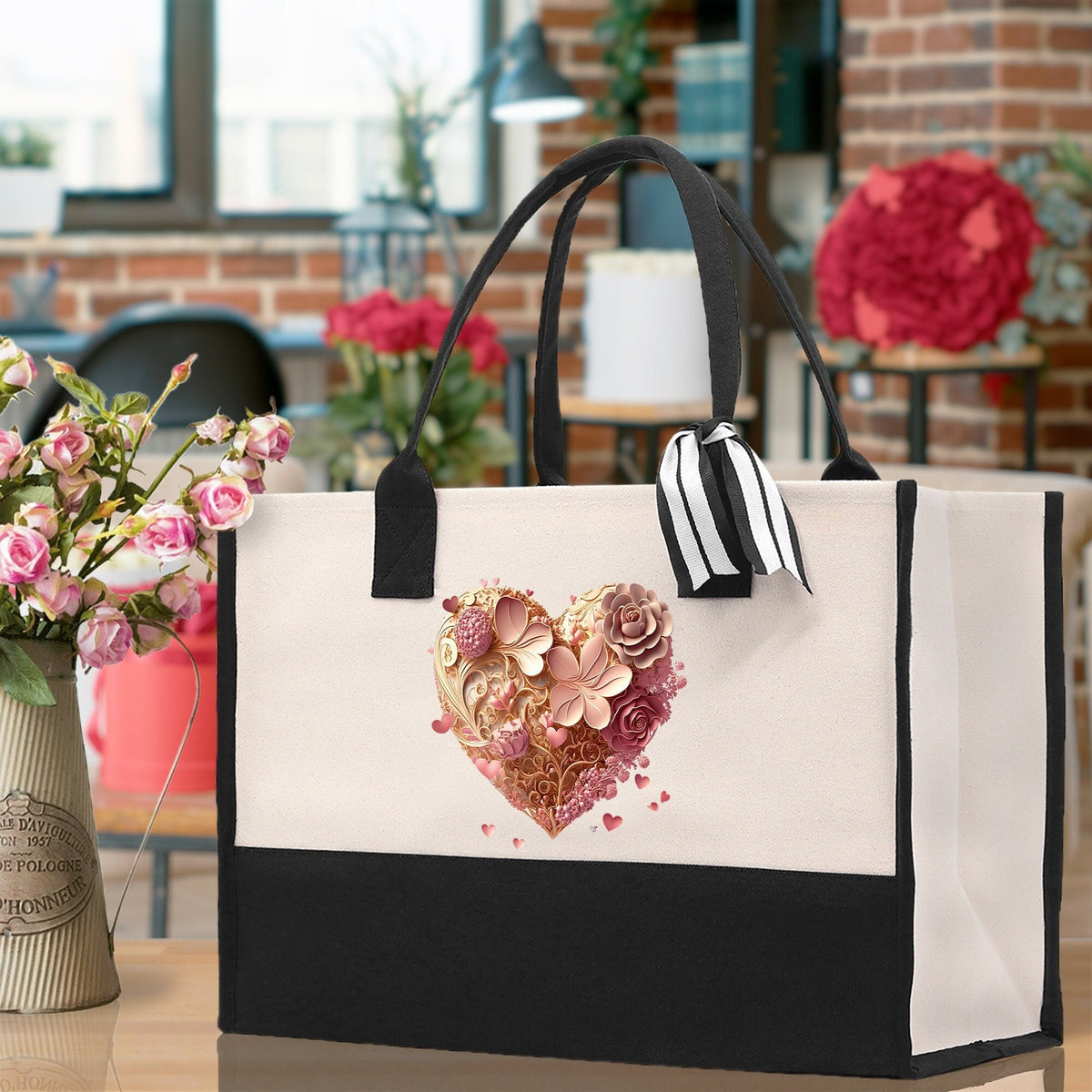 Heart Canvas Tote Bag Happy Valentines Day Gift for Her Love Tote Bag Lovers Gift Mother Day Gift Cute Valentines Gift