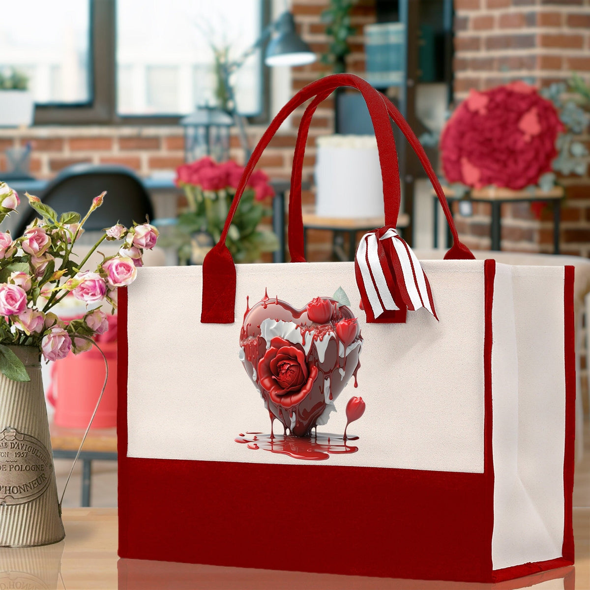 Heart Canvas Tote Bag Happy Valentines Day Gift for Her Love Tote Bag Lovers Gift Mother Day Gift Cute Valentines Gift
