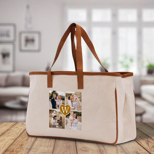 Custom Family Photo Collage and Initial Cotton Canvas Tote Bag Personalized Photo Tote Parent Gift Mothers Day Gift Picture Image Tote