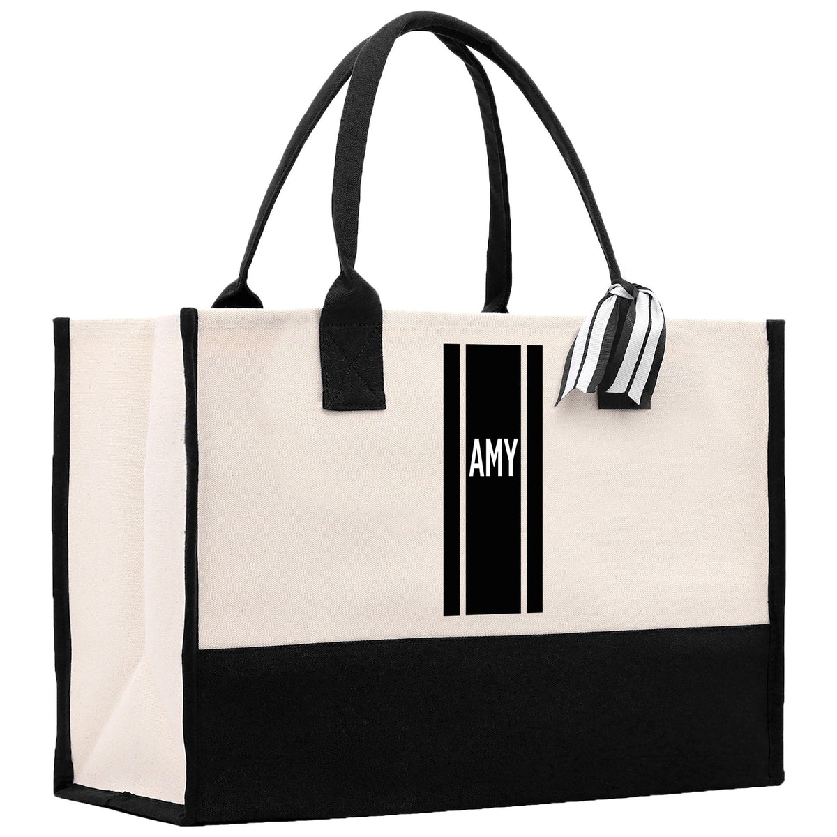 Personalized Monogrammed Canvas Tote Bag Striped Initials Custom Name Beach Bag Bridal Party Gifts Bride Gift Holiday Gift Bag