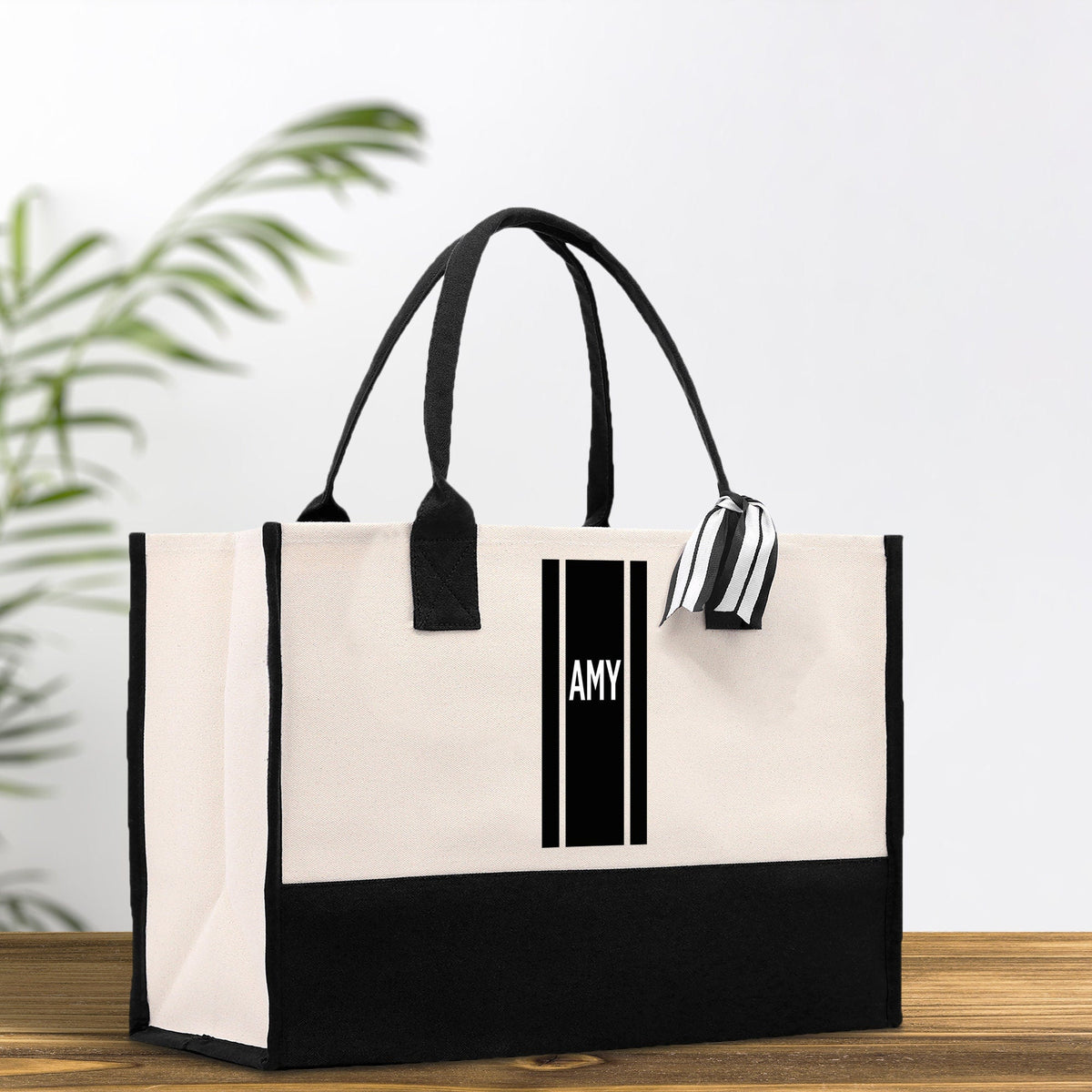 Personalized Monogrammed Canvas Tote Bag Striped Initials Custom Name Beach Bag Bridal Party Gifts Bride Gift Holiday Gift Bag