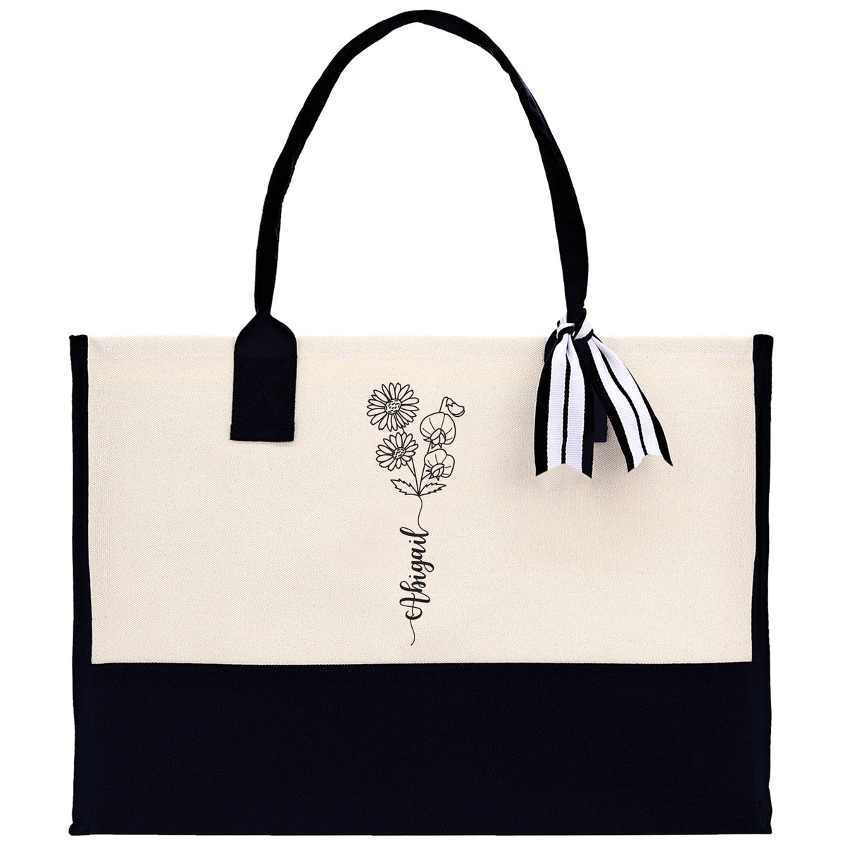 Personalized Kids and Grandkids Name Cotton Canvas Tote Bag Custom Flower Tote Bag Gift for Mom Gift for Grandma Birth Month Grandkids Name